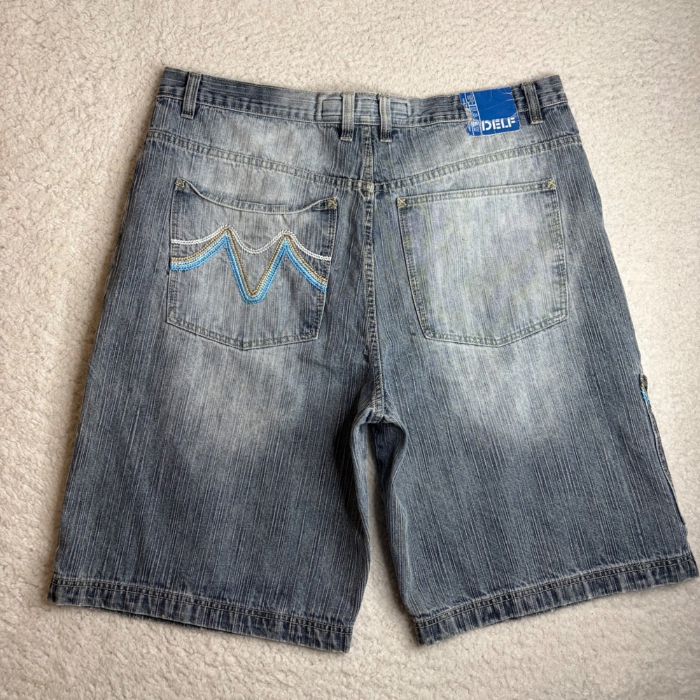 Y2K Delf Mens Embroidered Baggy Denim Shorts Blue Y2K Streetwear Size 42 L12